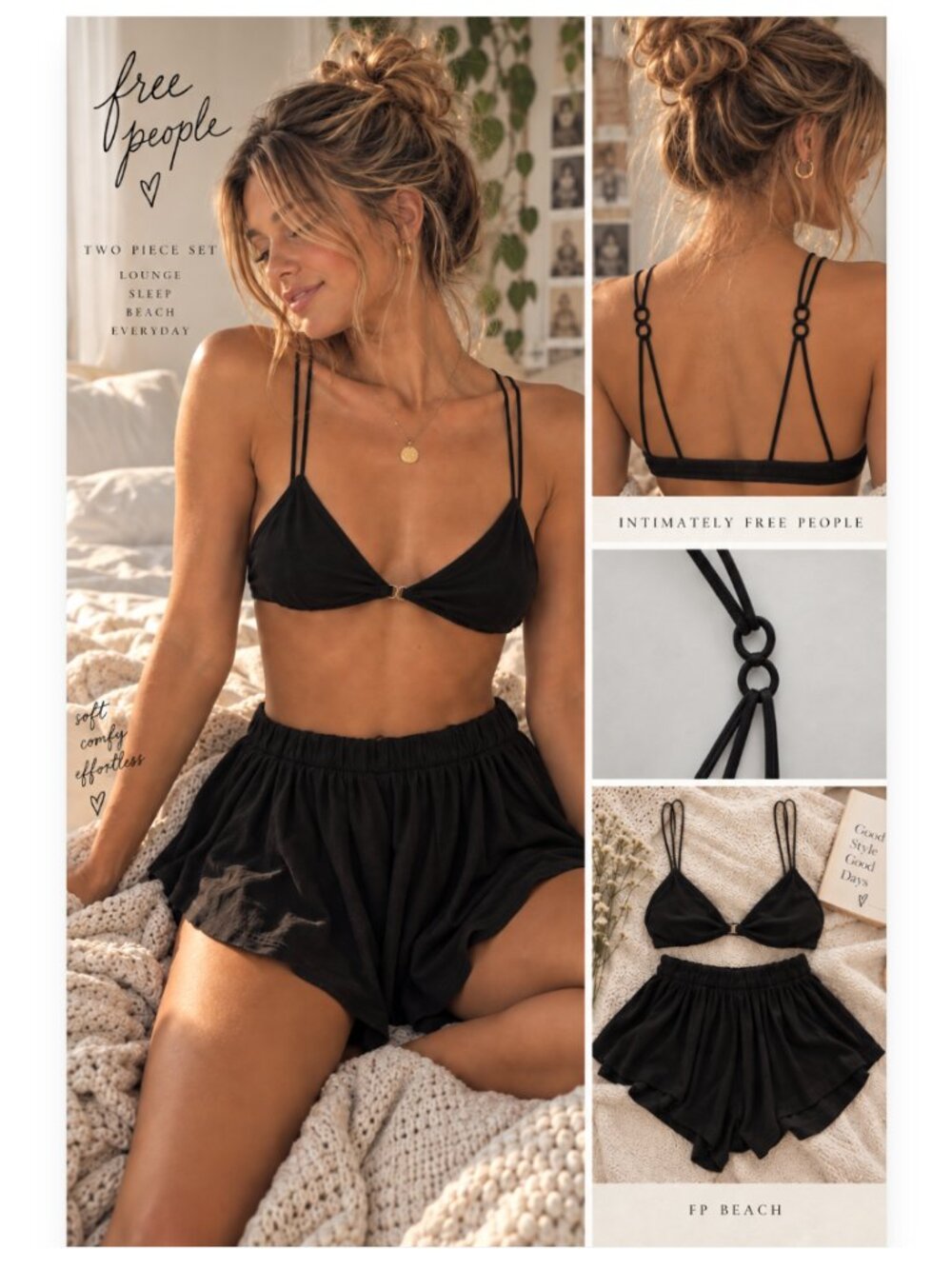 Free People Black Bralette & FP Beach Shorts 2 Piece Lounge Set XS